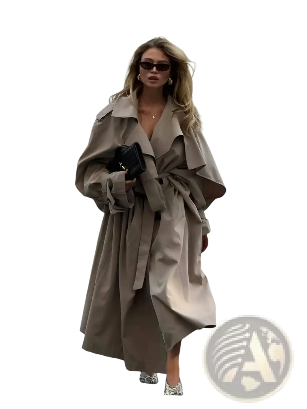 Beige oversized trench coat with wide lapels and belted waist for women long casual outerwear black product