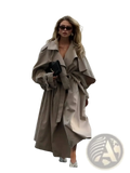 Beige oversized trench coat with wide lapels and belted waist for women long casual outerwear black product
