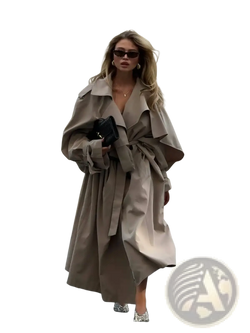 Beige oversized trench coat with wide lapels and belted waist for women long casual outerwear black product