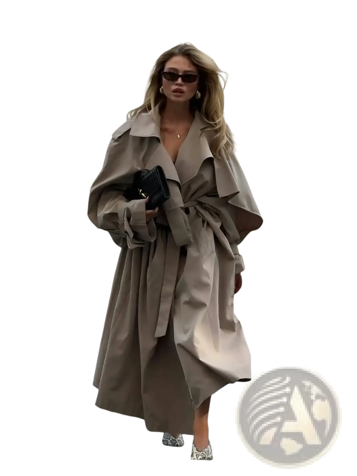 Beige oversized trench coat with wide lapels and belted waist for women long casual outerwear black product