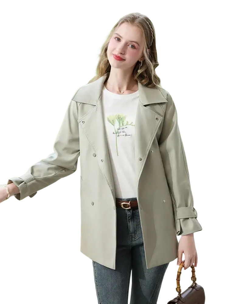 Beige women trench coat long double breasted outerwear with classic collar buttoned front and rolled up cuffs