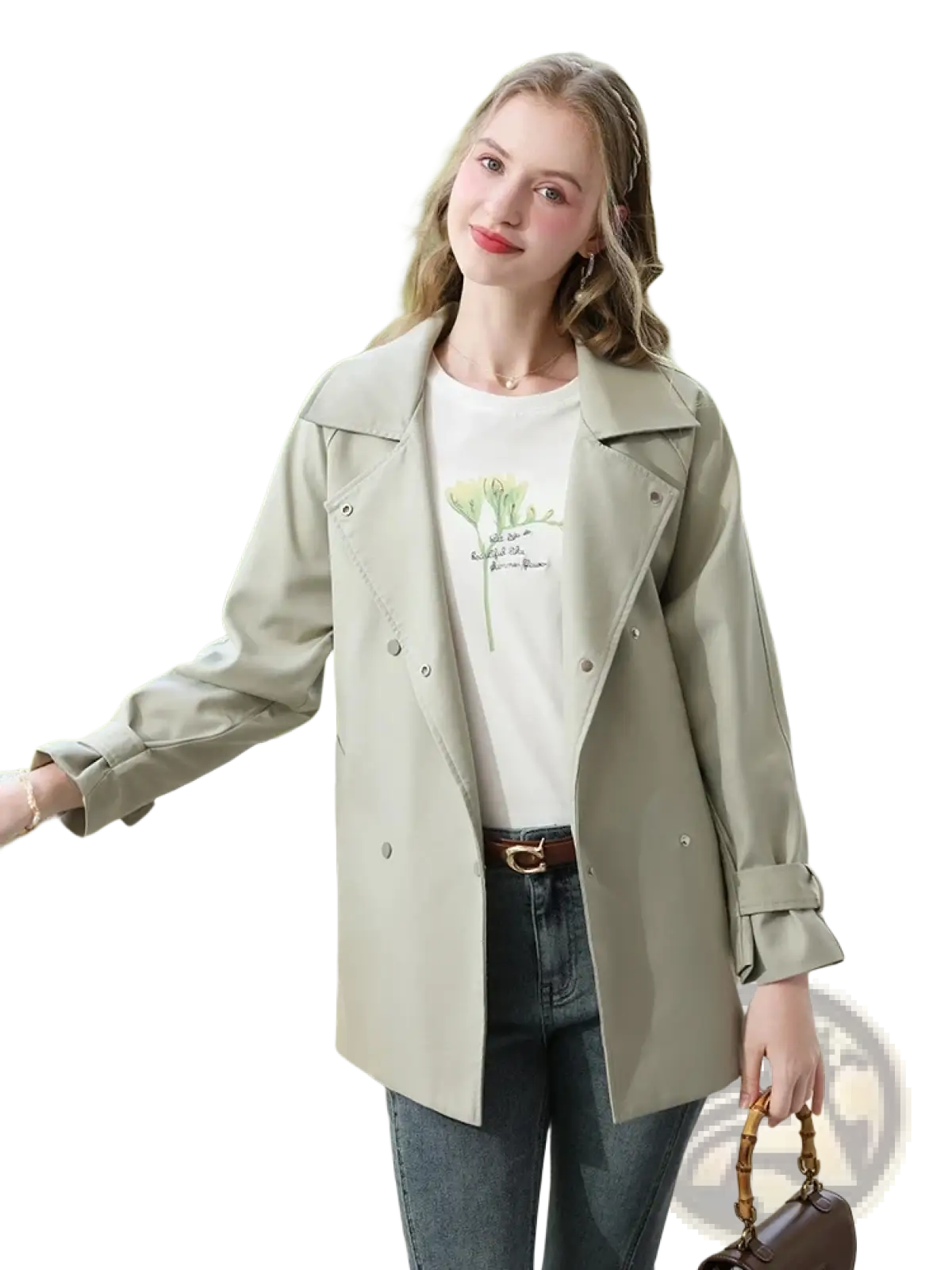 Beige women trench coat long double breasted outerwear with classic collar buttoned front and rolled up cuffs
