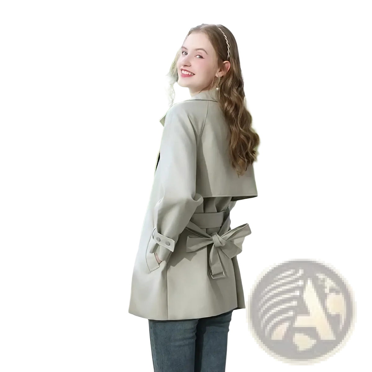 A stylish olive green women trench coat long double breasted outerwear with belted waist bow long sleeves and pockets