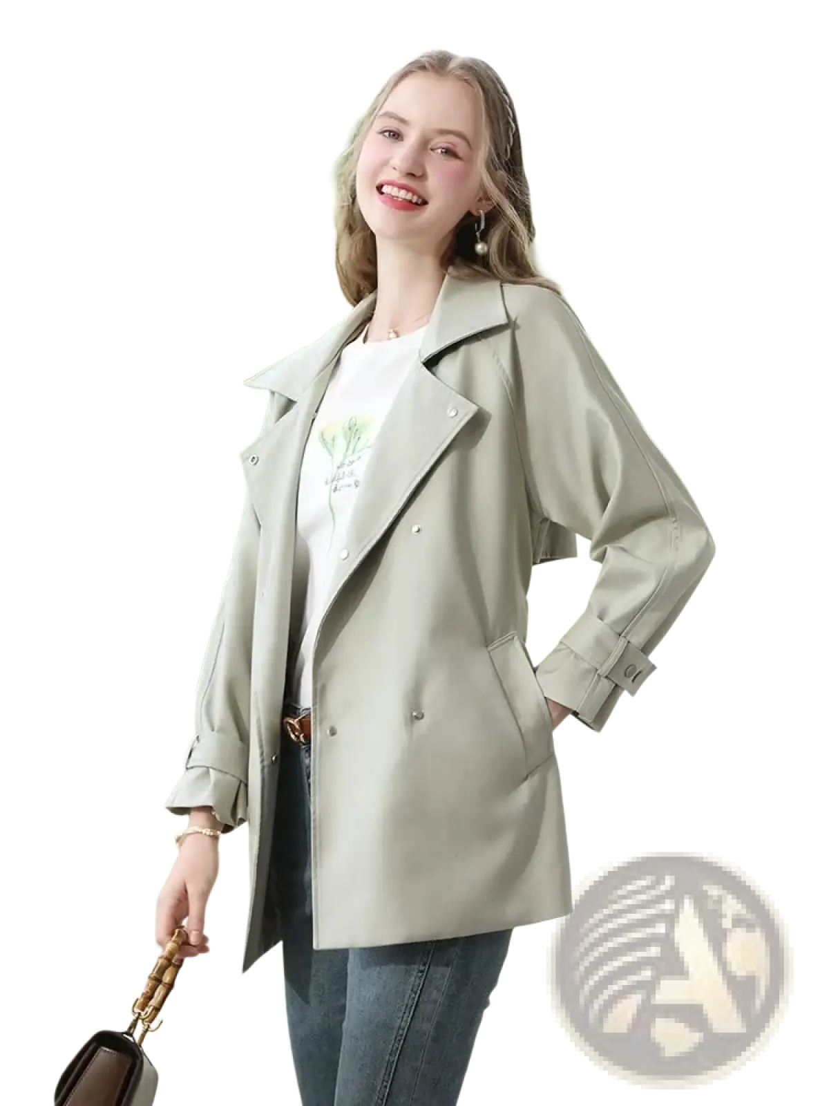 A light beige women trench coat long double breasted outerwear with buttoned cuffs and classic design