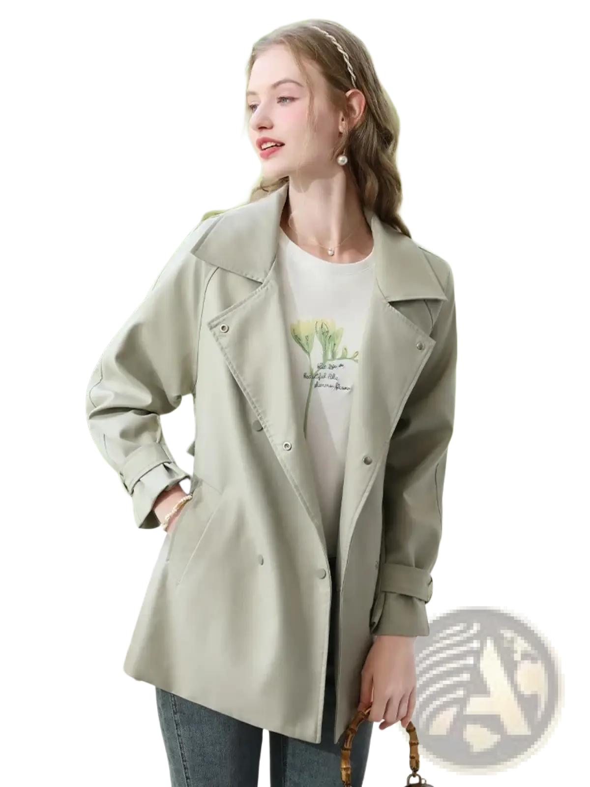 A light olive green women trench coat with a classic collar and button closures perfect for long outerwear
