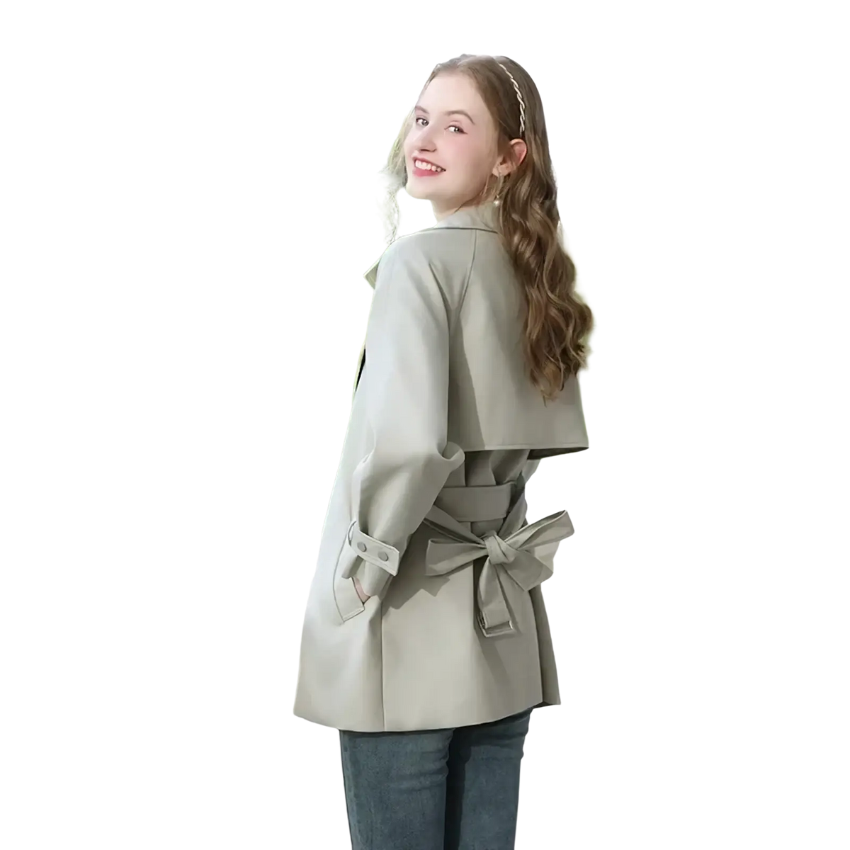 A stylish olive green women trench coat long double breasted outerwear with belted waist bow long sleeves and pockets