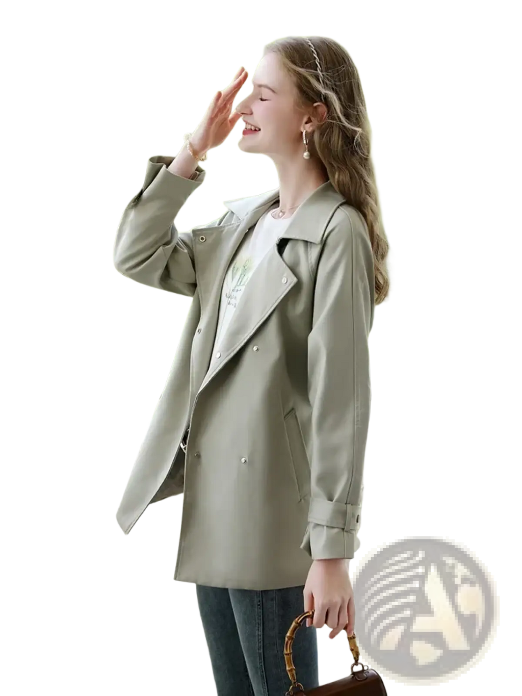 A woman wears a light olive green long double breasted trench coat with silver buttons and rolled up cuffs