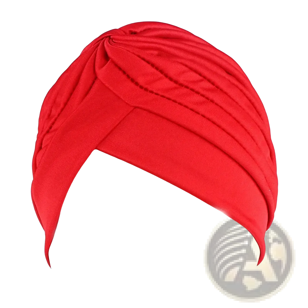 Women turban hat in vibrant red soft ribbed fabric with central knot design suitable as stretchy headwrap chemo cap