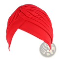 Women turban hat in vibrant red soft ribbed fabric with central knot design suitable as stretchy headwrap chemo cap