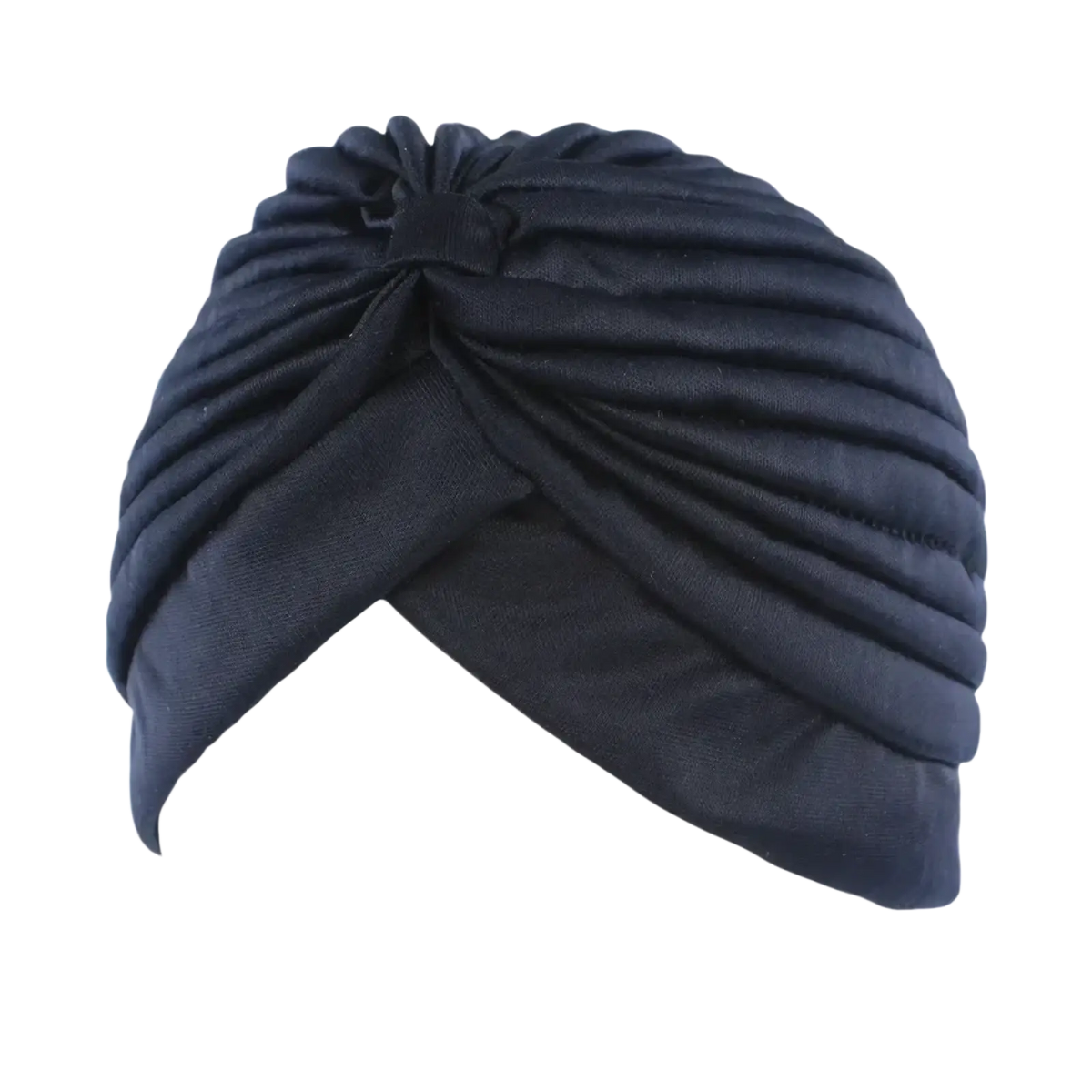 Black soft stretchy fabric women turban hat with a gathered twisted knot top chemo headwrap cap