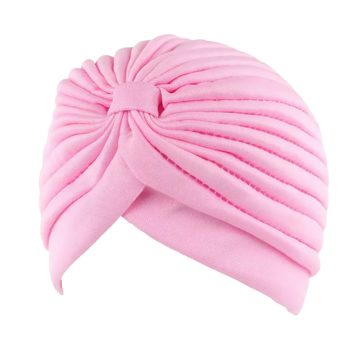 Women turban hat soft stretchy ribbed pink fabric with central knot and gathered folds chemo cap