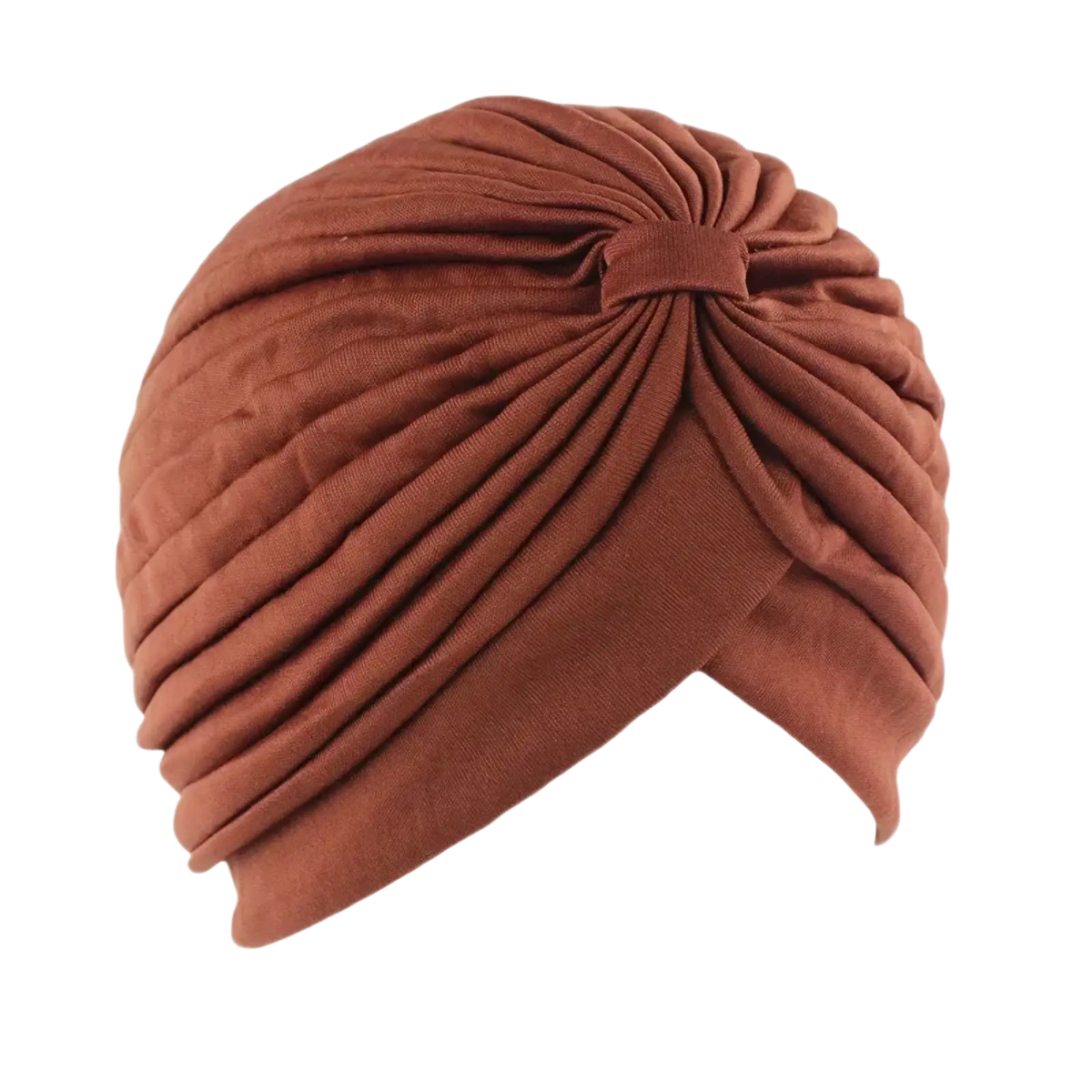 Women turban hat soft stretchy rust-colored headwrap with a gathered knot and ribbed texture perfect for chemo use