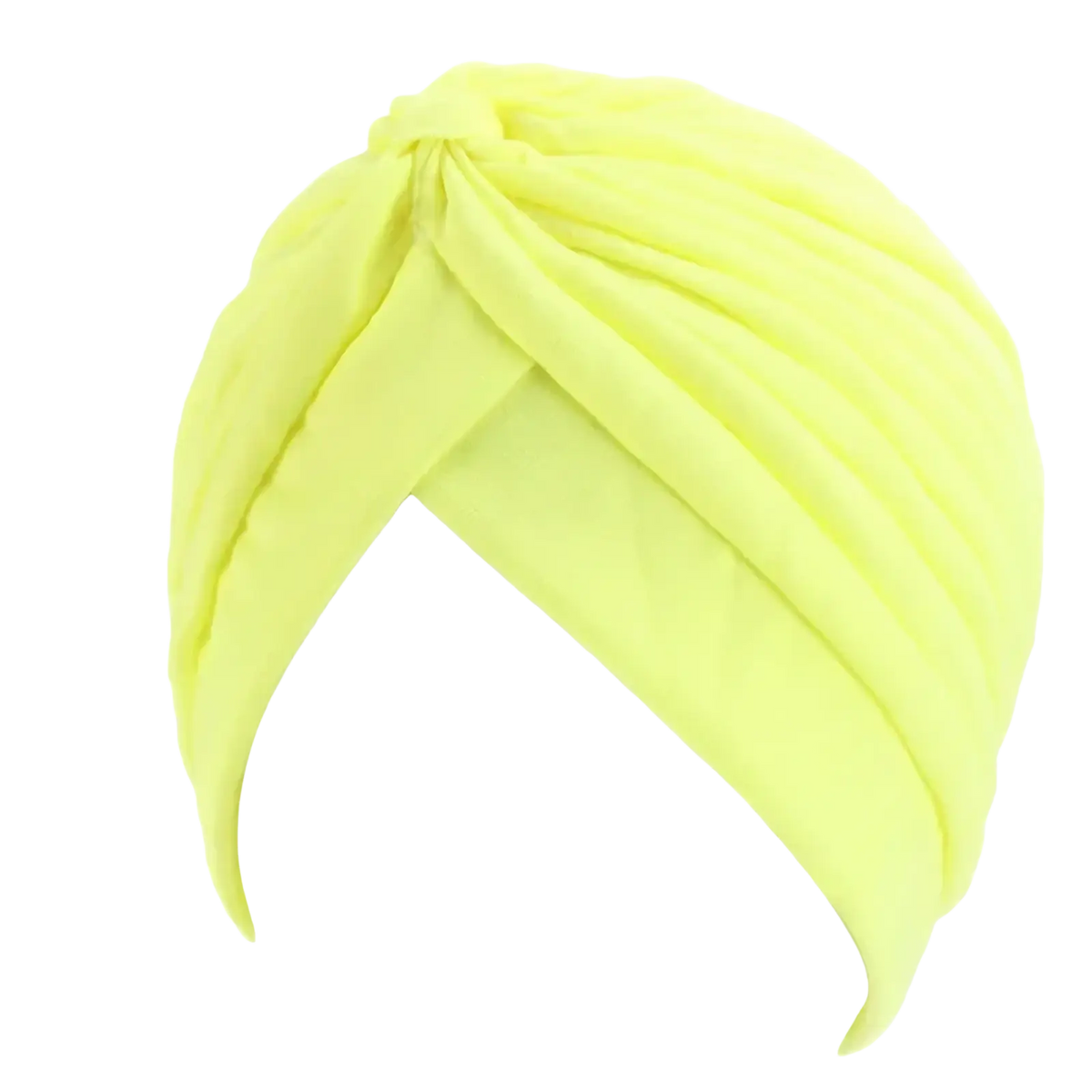 A vibrant neon yellow women turban hat made of soft stretchy fabric with a central knot design for chemo use
