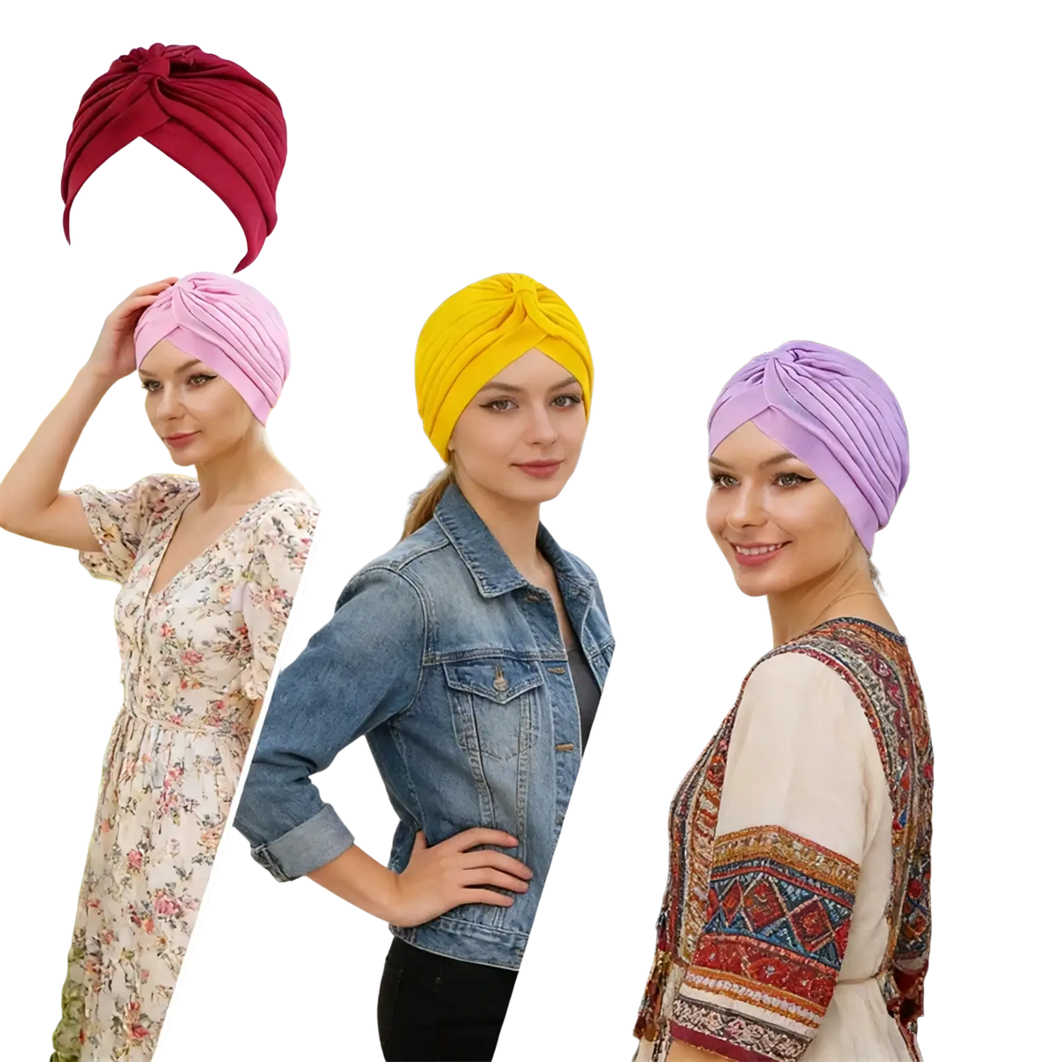 Women turban hat soft stretchy headwrap in vibrant red pink yellow or lavender with twisted knot design for chemo use