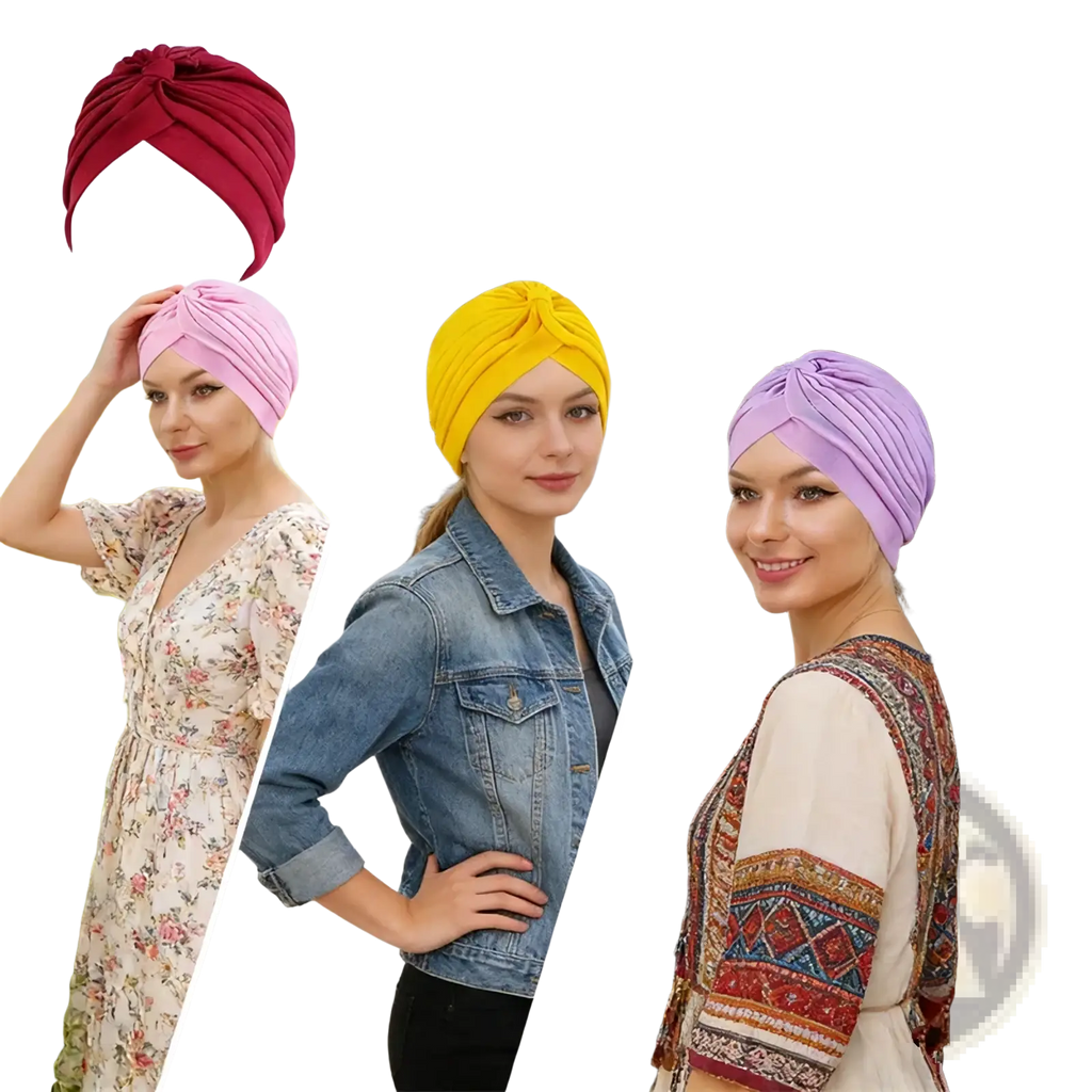 Women turban hat soft stretchy headwrap in vibrant red pink yellow or lavender with twisted knot design for chemo use