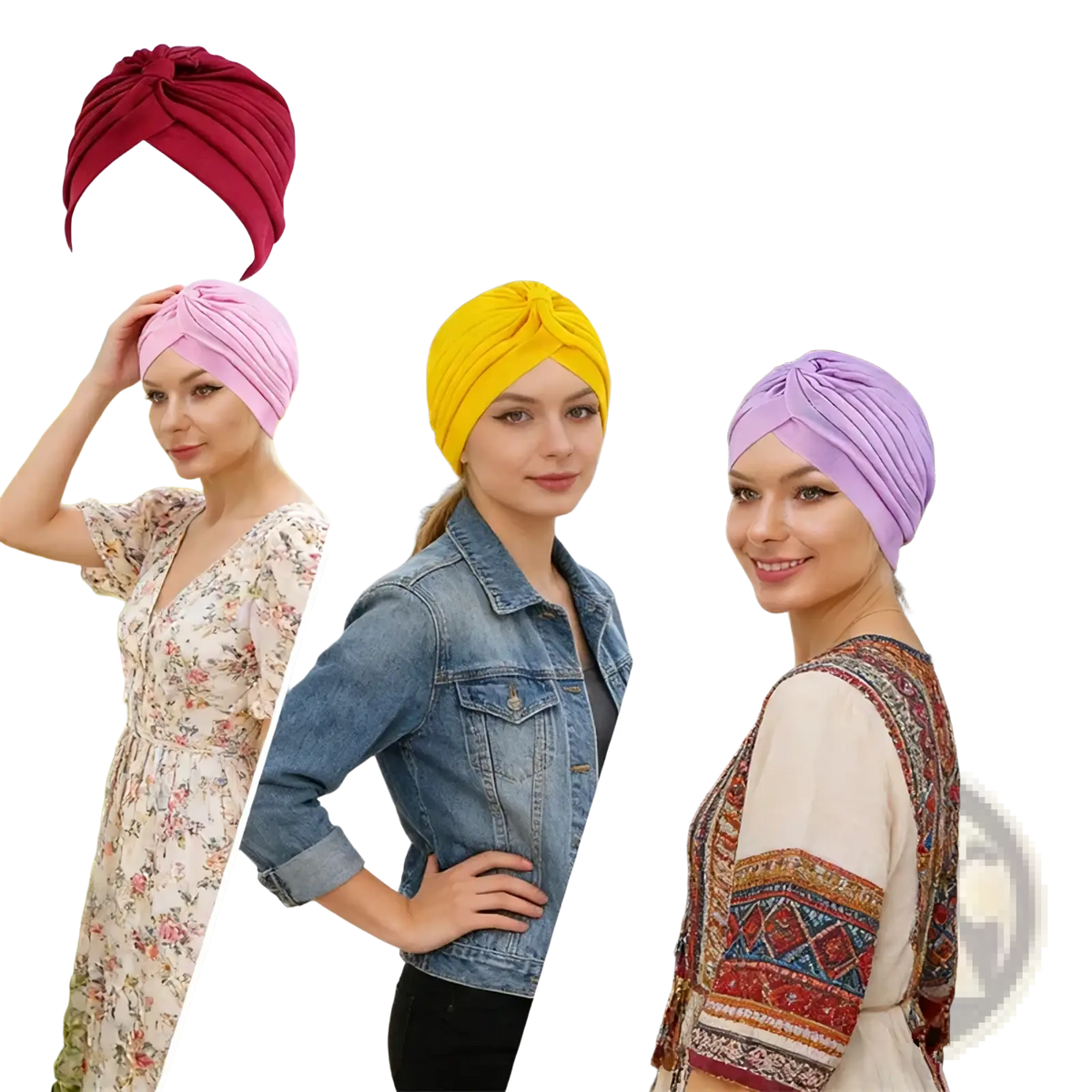 Women turban hat soft stretchy headwrap in vibrant red pink yellow or lavender with twisted knot design for chemo use