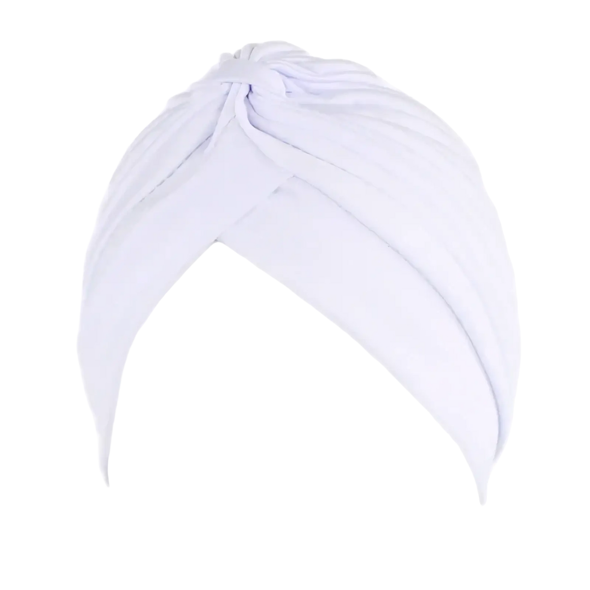 White fabric women turban hat with central knot and soft flowing folds soft stretchy headwrap chemo cap