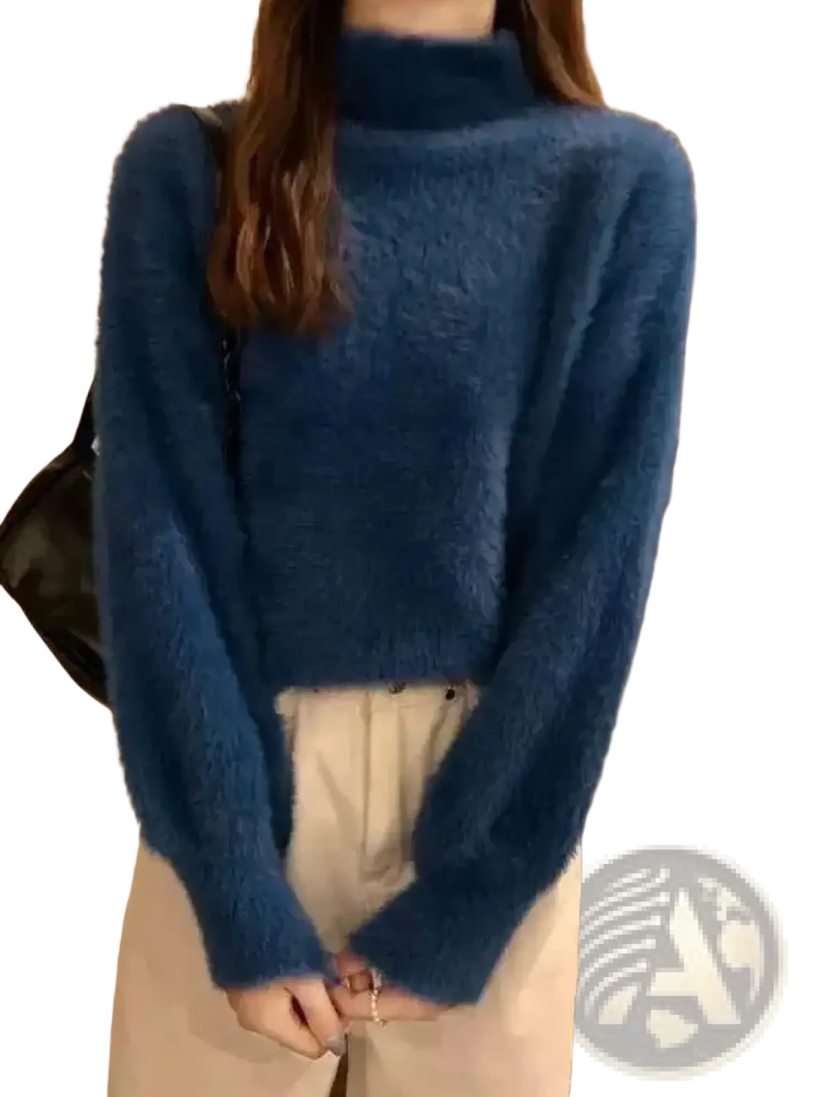 A plush deep blue women turtleneck fuzzy knit sweater with long sleeves and a soft textured fabric