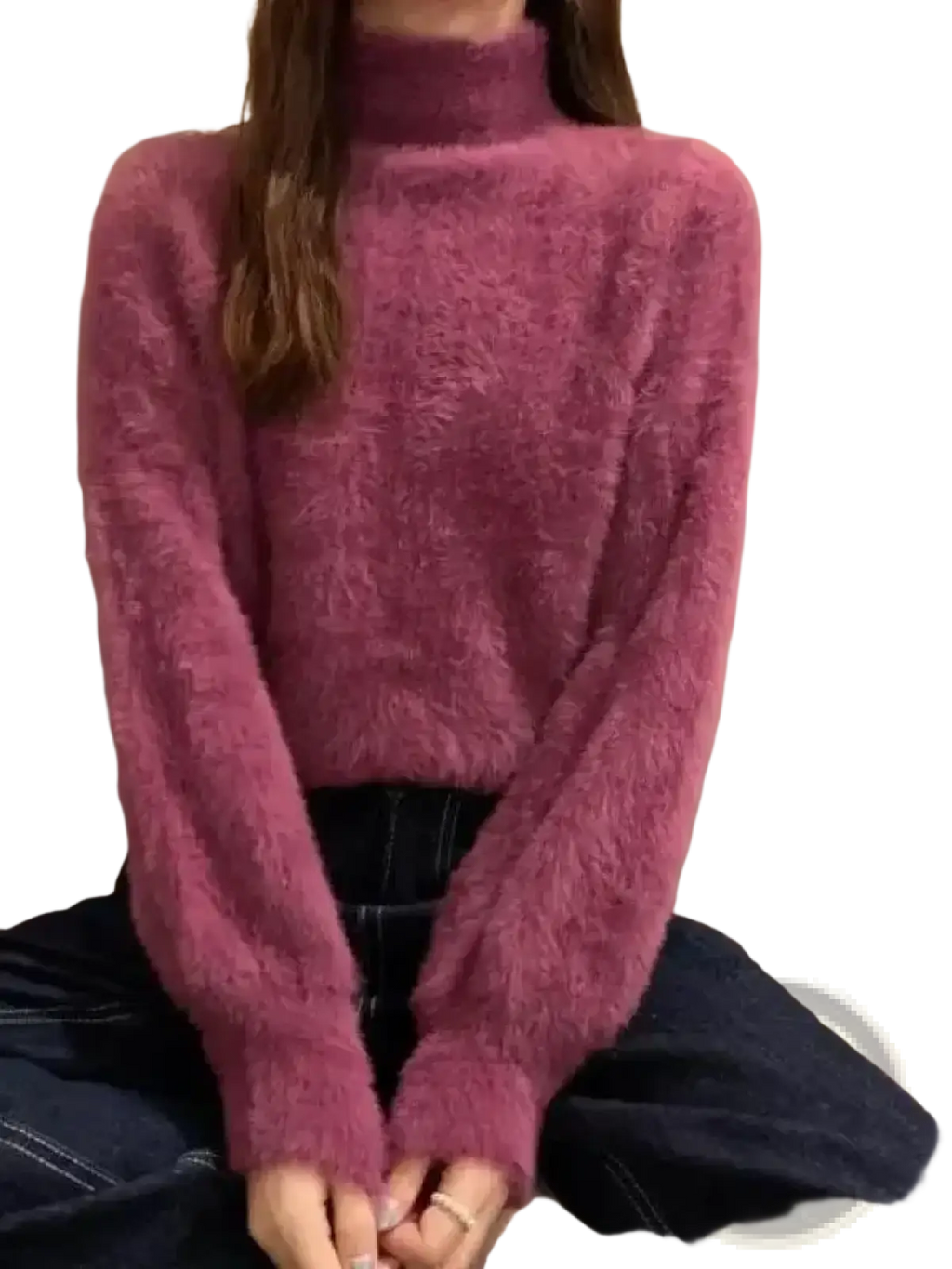 A plush magenta women turtleneck fuzzy knit sweater with a soft texture and long sleeves