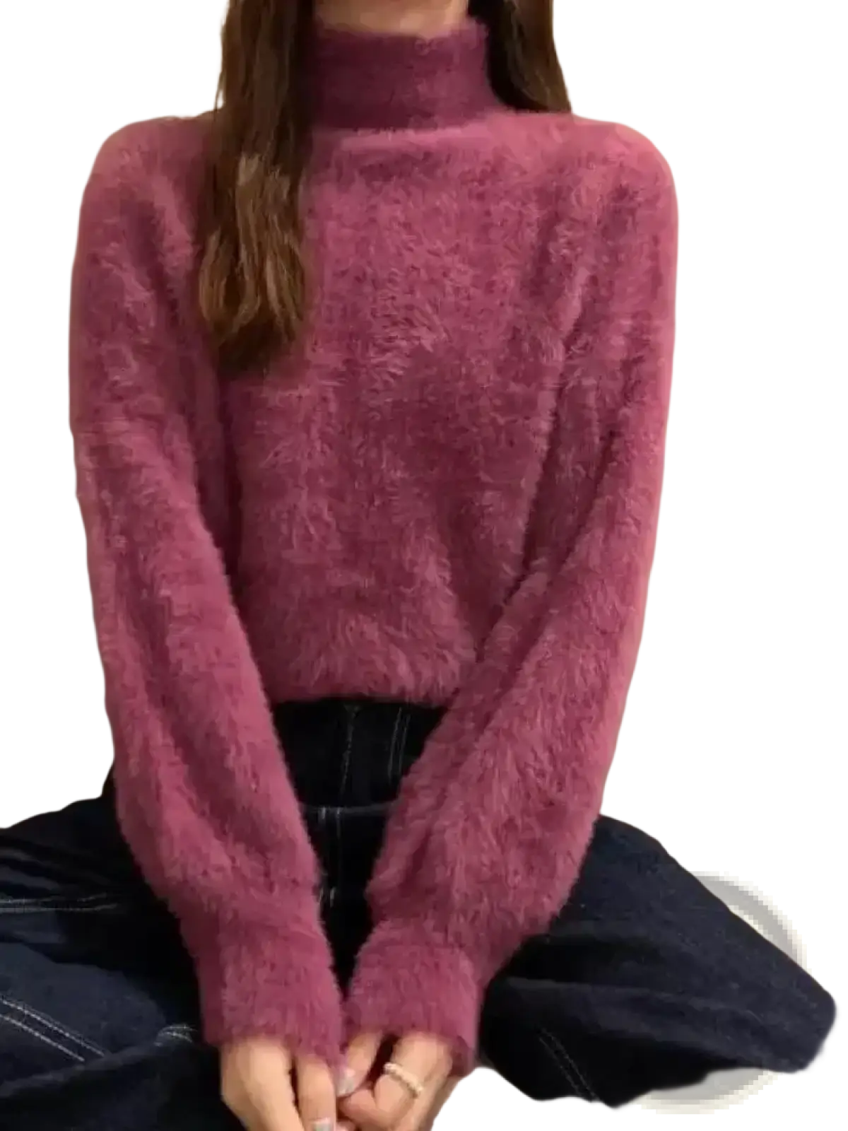 A plush magenta women turtleneck fuzzy knit sweater with a soft texture and long sleeves
