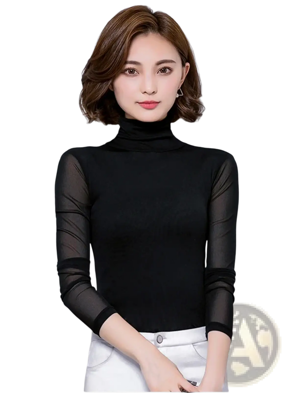 Black turtleneck blouse with sheer mesh long sleeves made of lightweight fabric for women