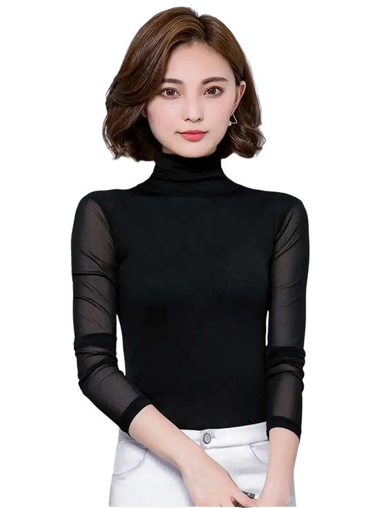 Black women turtleneck blouse with sheer mesh long sleeves made of lightweight fabric for elegant wear