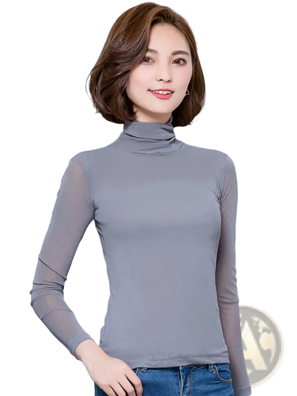 Women turtleneck blouse featuring a gray top with sheer mesh long sleeves for elegant layering and style