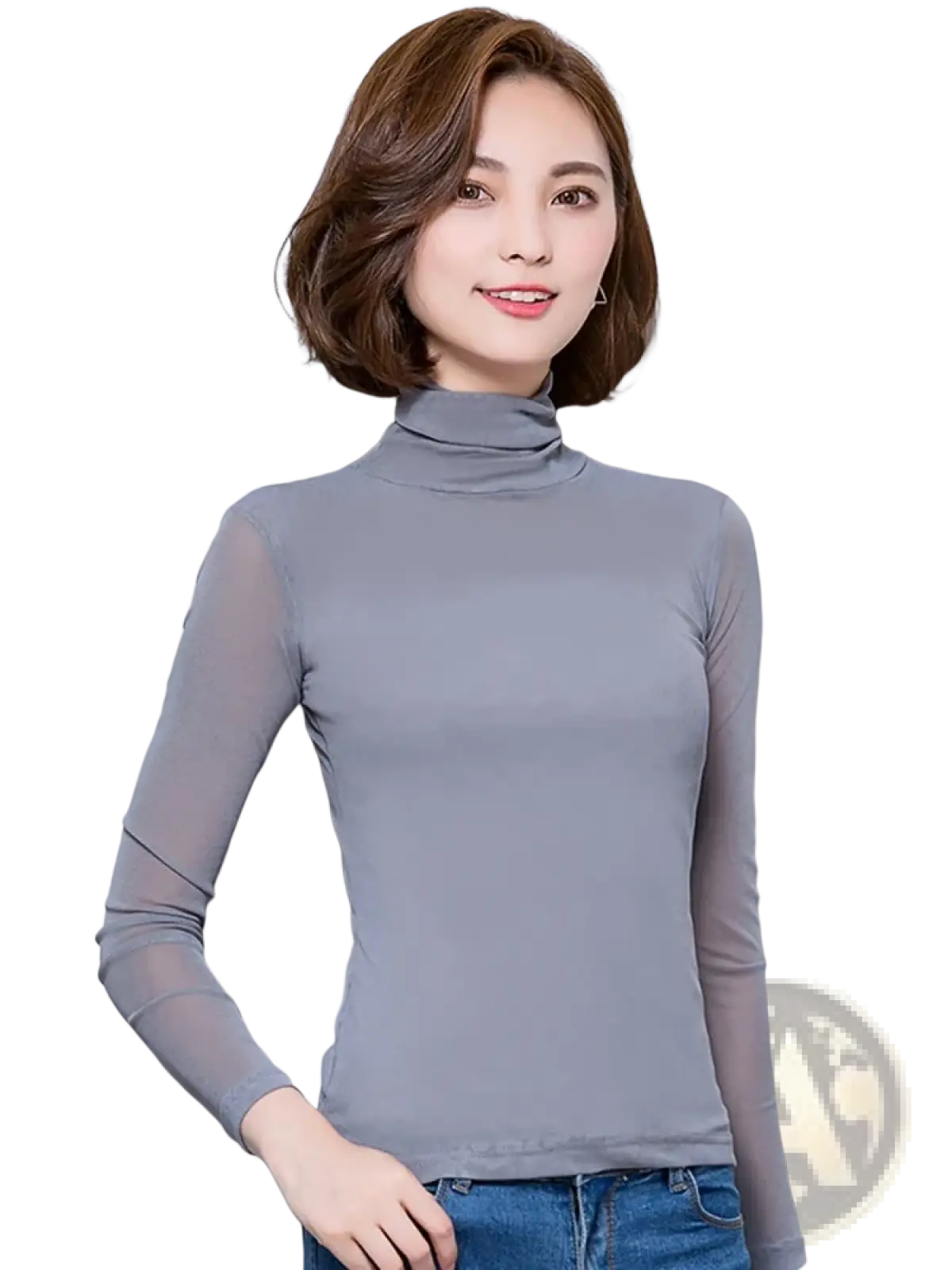 Women turtleneck blouse featuring a gray top with sheer mesh long sleeves for elegant layering and style