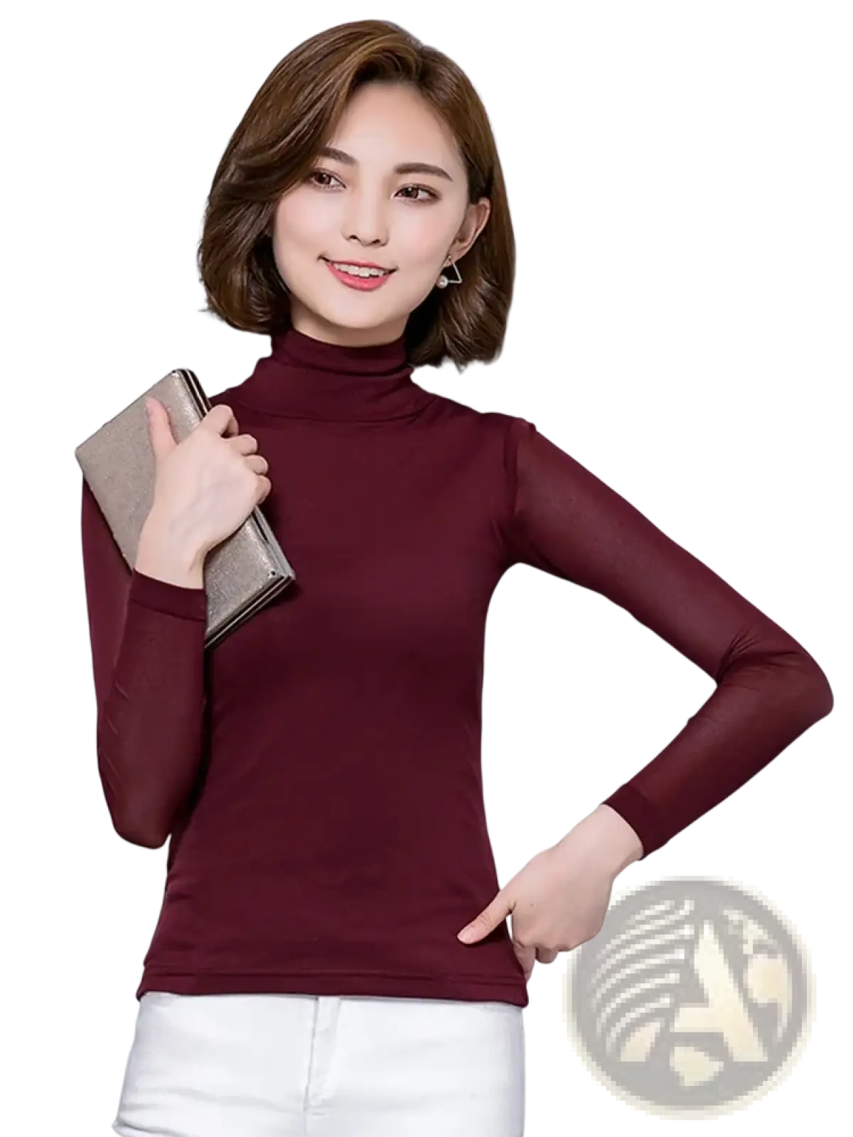 Women turtleneck sheer mesh long sleeve blouse in maroon with high neck and transparent mesh sleeves