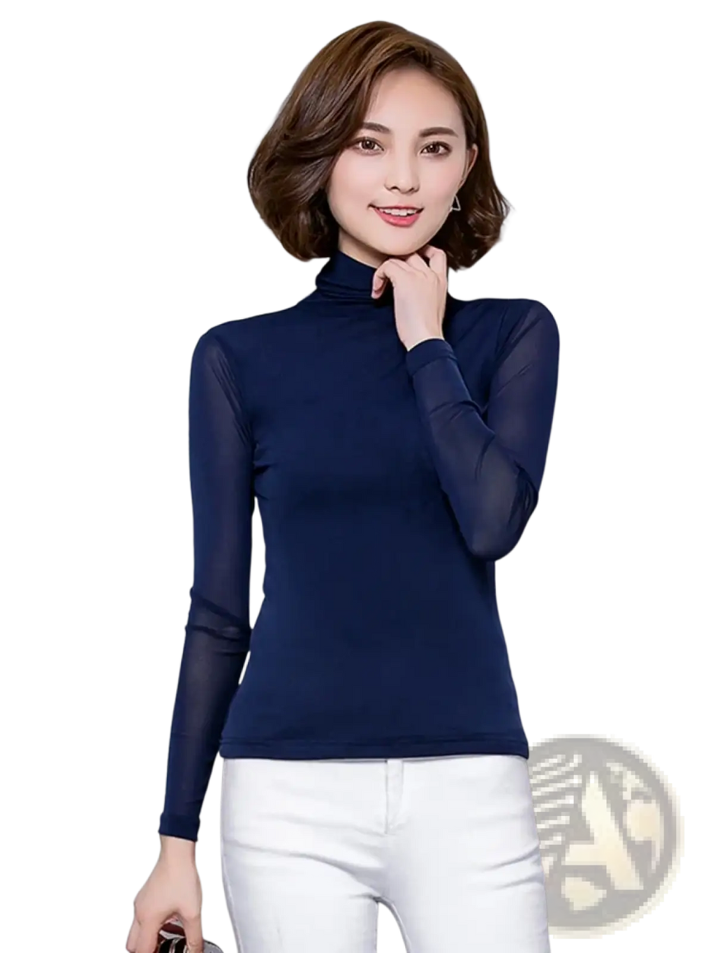 Navy blue women turtleneck blouse with sheer mesh long sleeves and high neck in elegant long sleeve design
