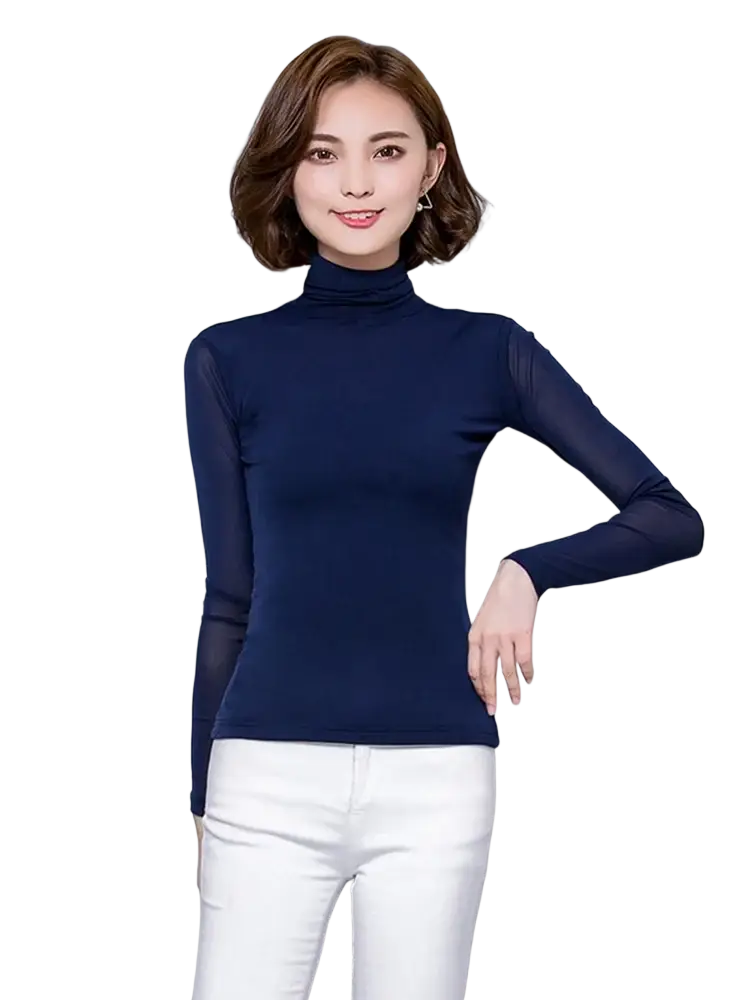 Navy blue women turtleneck blouse with sheer mesh long sleeves in a high neck design for elegant wear