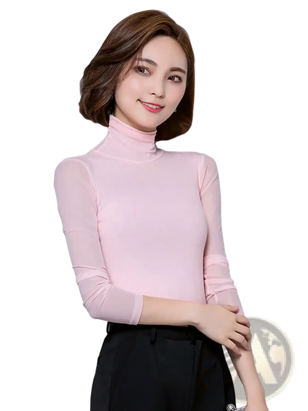 Women turtleneck sheer mesh long sleeve blouse in soft pink with sheer mesh overlay on the arms