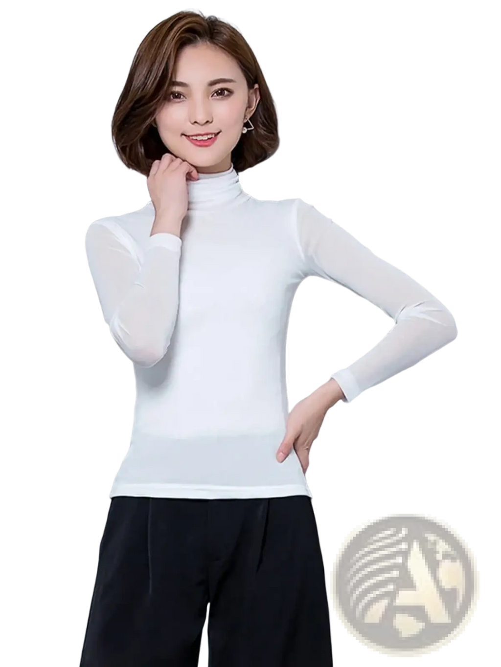 Women turtleneck sheer mesh long sleeve blouse in white with high neck and translucent fabric for elegant wear