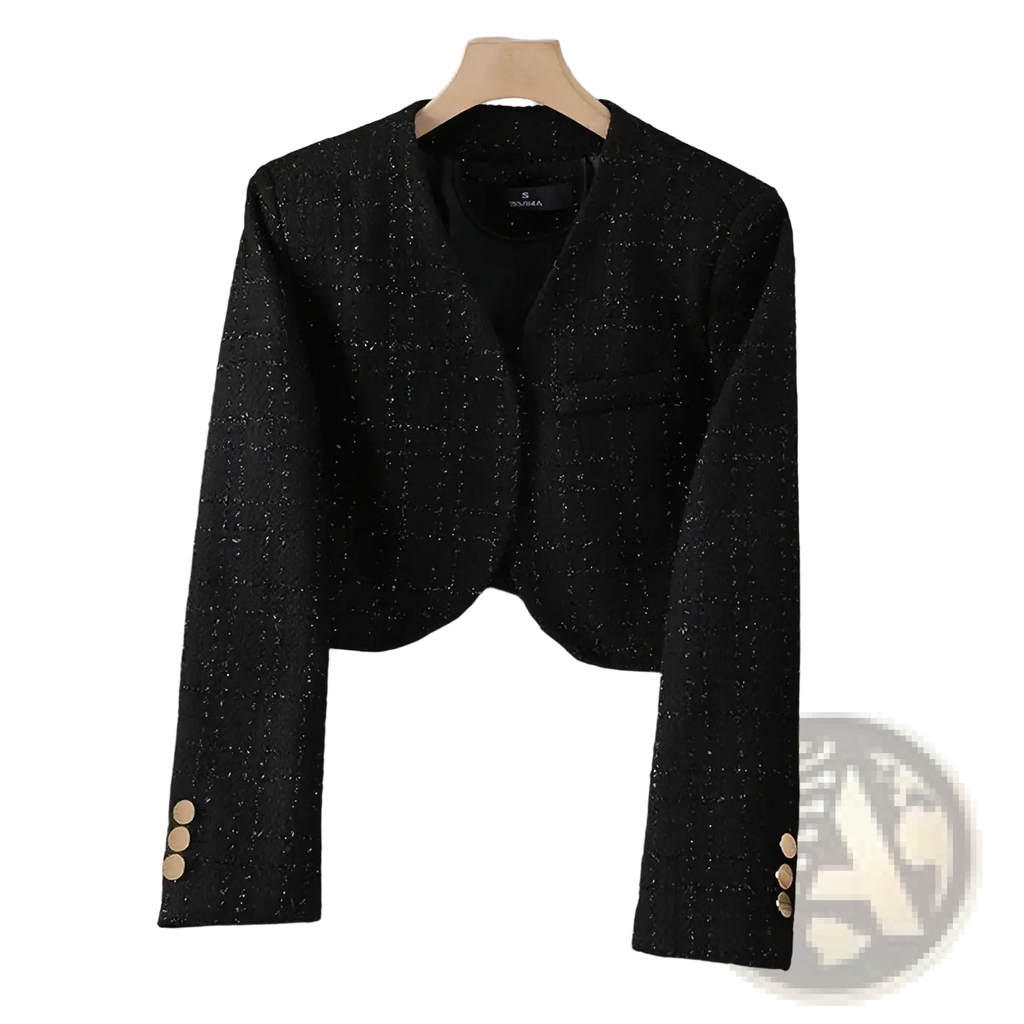 Women tweed cropped blazer work jacket in black textured fabric with subtle shimmer and gold-tone buttons on cuffs