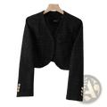 Women tweed cropped blazer work jacket in black textured fabric with subtle shimmer and gold-tone buttons on cuffs