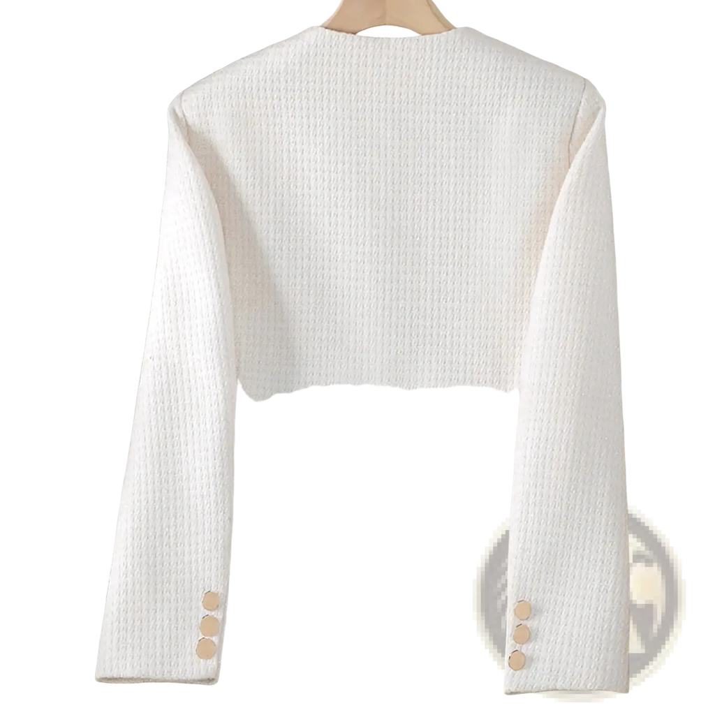 Women tweed cropped blazer work jacket in cream textured knit with three buttons on each sleeve cuff