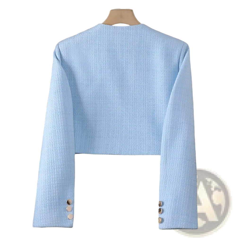 Light blue tweed cropped blazer with gold-tone buttons on sleeve cuffs women tweed work jacket