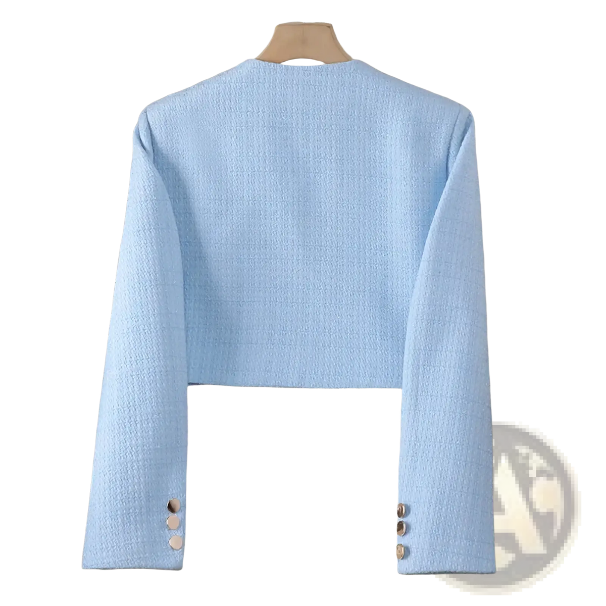 Light blue tweed cropped blazer with gold-tone buttons on sleeve cuffs women tweed work jacket