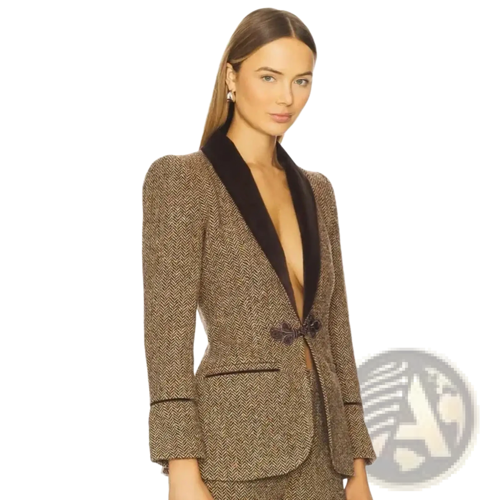 Women tweed pant suit brown herringbone wool blazer with black velvet lapels and decorative waist bow for office wear