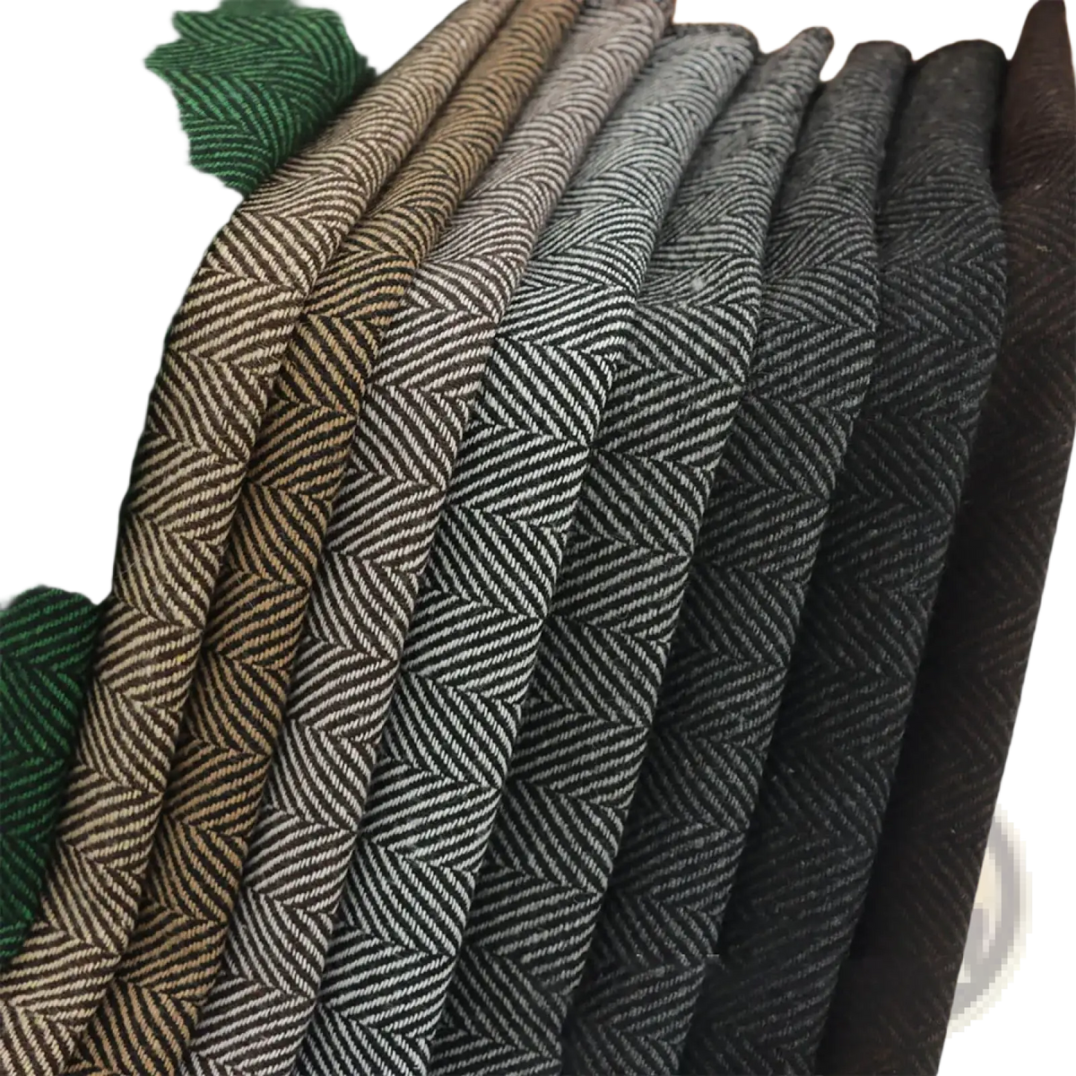 A collection of herringbone-patterned woolen fabrics in earthy tones for women tweed pant suit slim fit office outfit