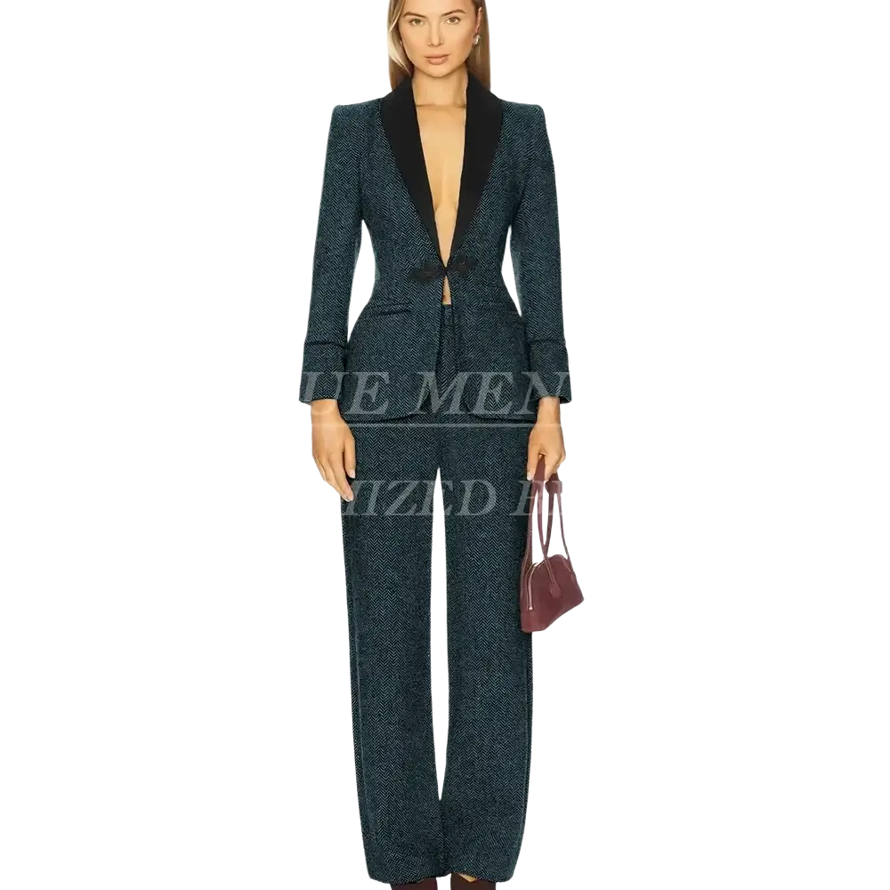 Women tweed pant suit slim fit office outfit in dark teal textured blazer with black lapels and matching wide-leg trousers