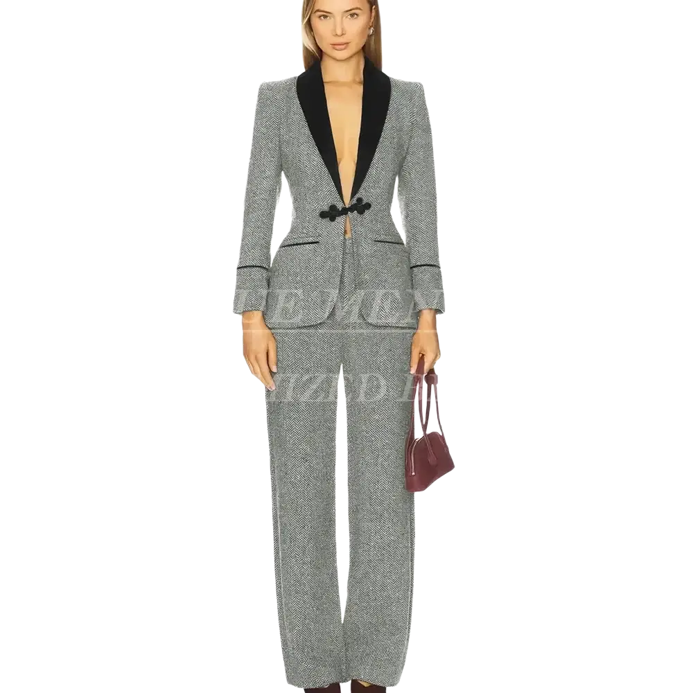 Women tweed pant suit slim fit gray herringbone wool blazer with black velvet lapels and decorative toggle buttons