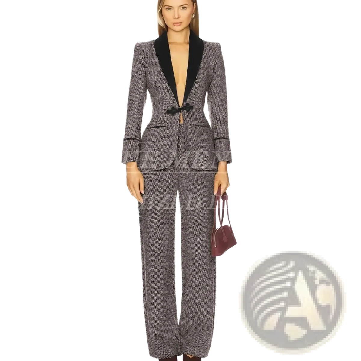 Women tweed pant suit featuring a slim fit gray herringbone blazer with black velvet collar and matching bow tie