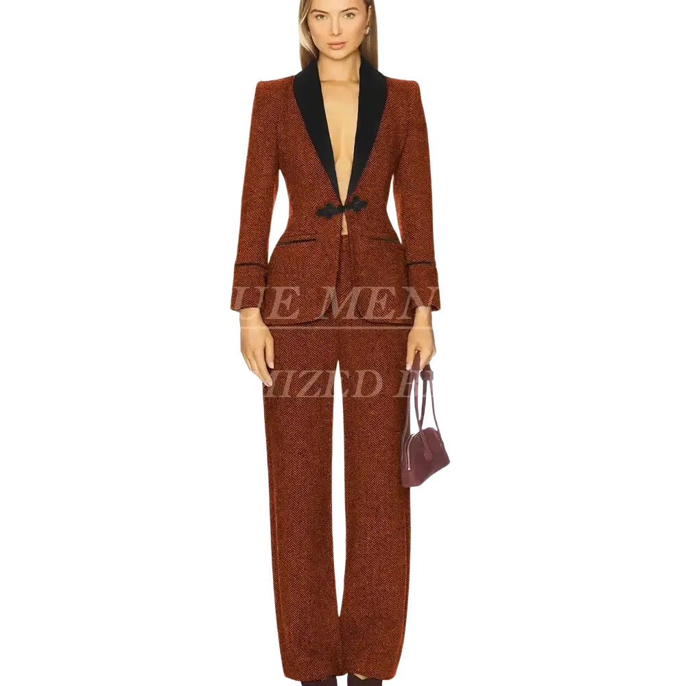 Rust-colored tweed pant suit with black velvet lapels slim fit blazer and matching trousers for office wear