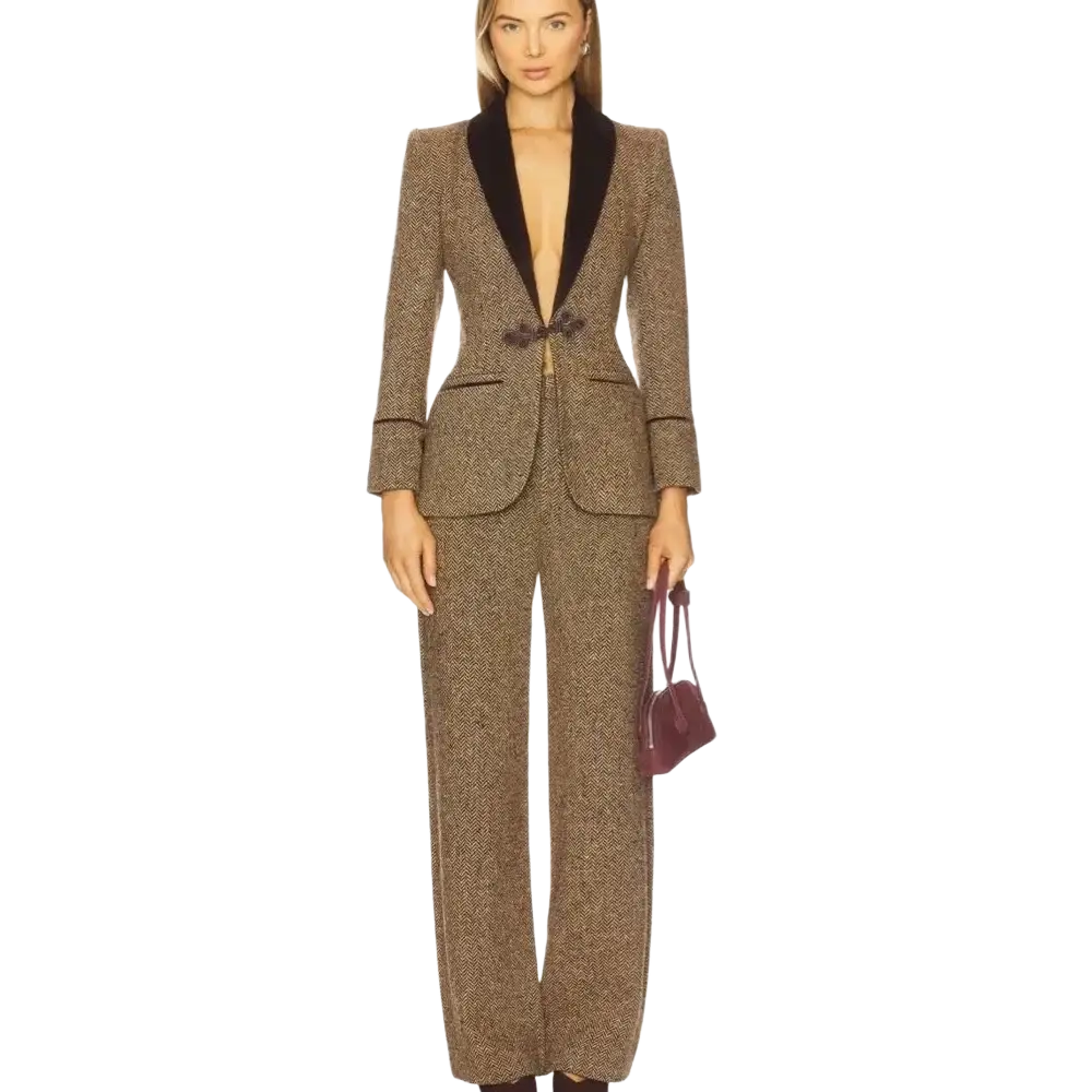 A tailored brown herringbone tweed pant suit with a black velvet collar slim fit for women office outfit