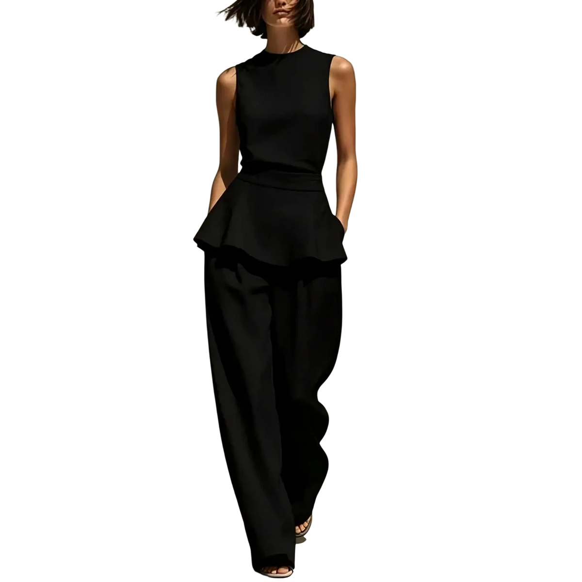 Black sleeveless peplum top with high neckline and matching wide-leg trousers two piece pants suit for women