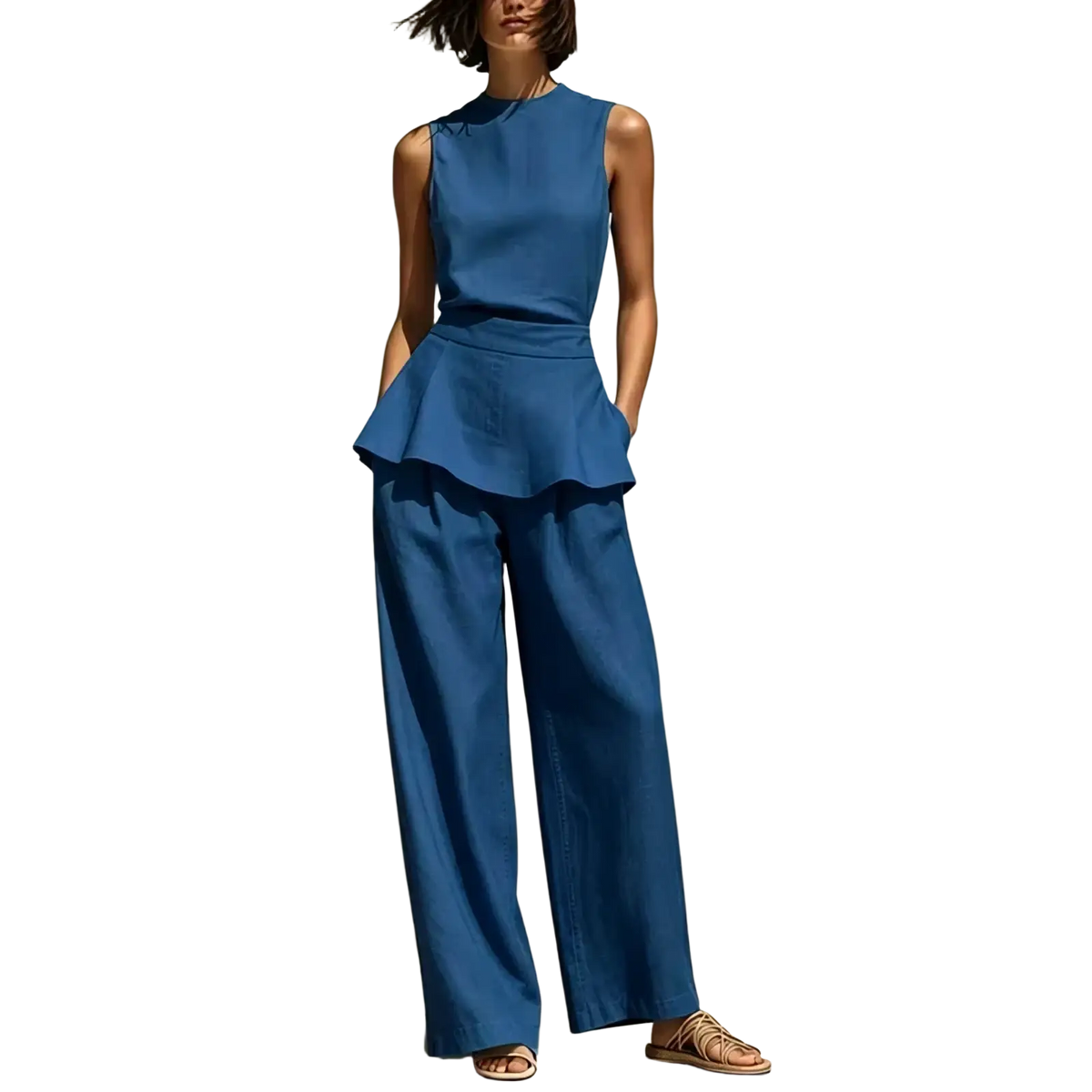 Women two piece blue sleeveless peplum top and wide leg pants suit perfect for formal or casual wear