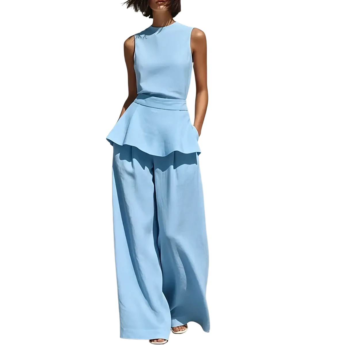 Light blue sleeveless peplum two piece set with wide leg pants in flowing fabric for women