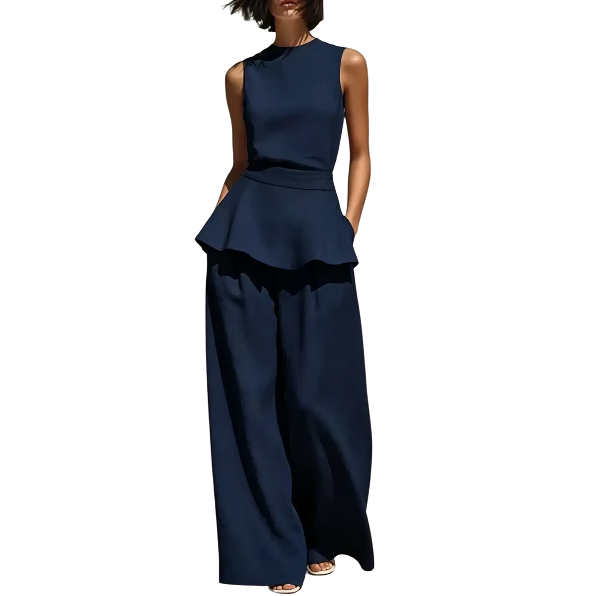 Navy blue sleeveless peplum top and wide leg pants two piece set for women in lightweight fabric for formal wear