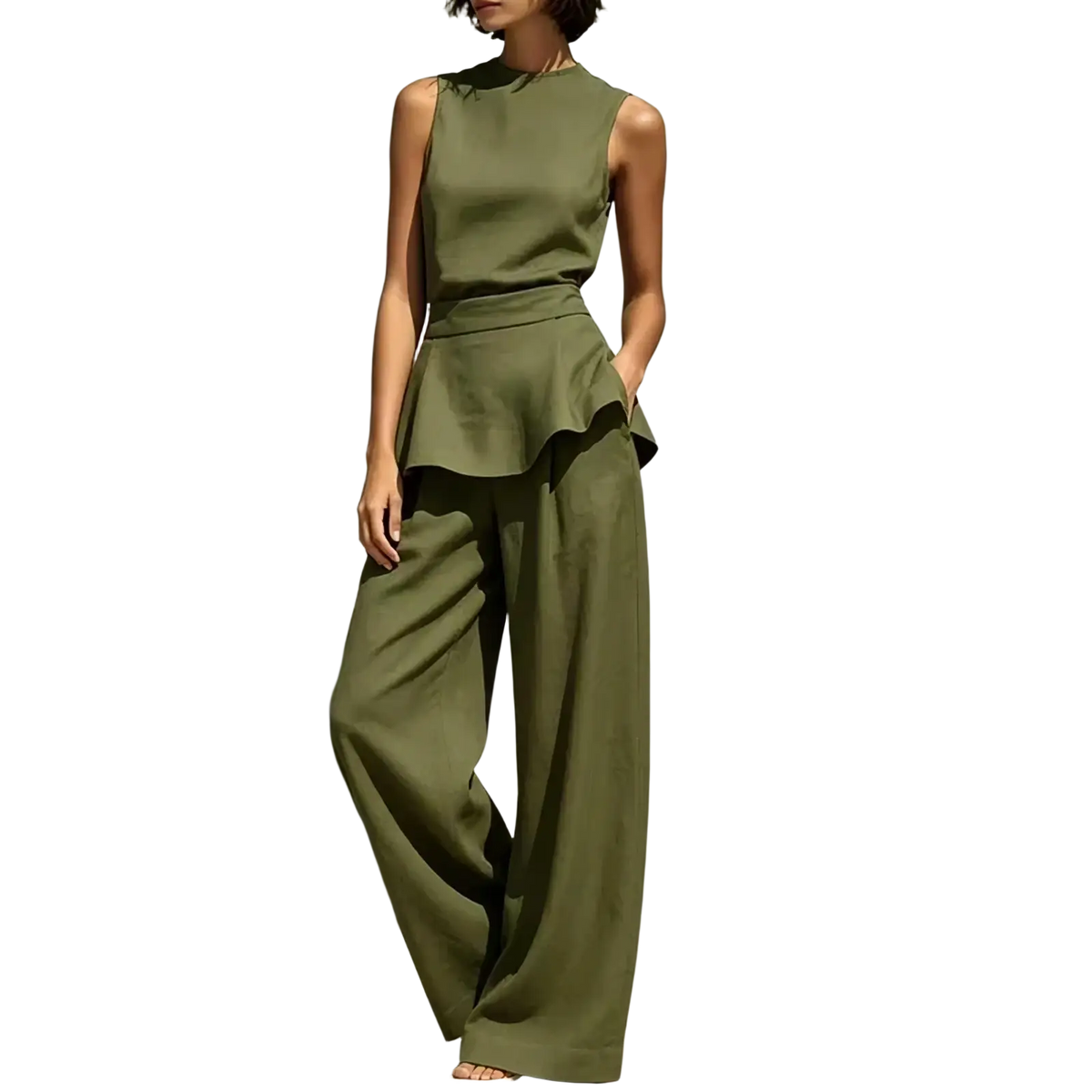 Olive green sleeveless peplum top and wide leg trousers two piece set in lightweight fabric for women
